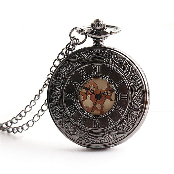 Vintage Charm Black Unisex Fashion Roman Number Quartz Steampunk Pocket Watch Women Man Necklace Pendant with Chain Gifts