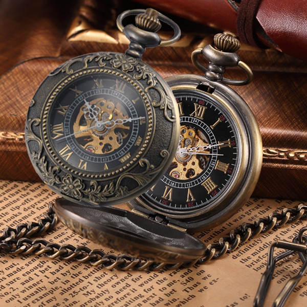 Vintage Mechanical Pocket Fob Necklace Watch Steampunk Men Bronze Skeleton Antique Pocket & Fob Watches Chain Clock