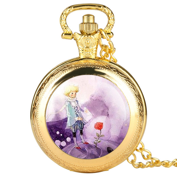 Fashion Silver Gold Bronze Little Prince Pocket Watch Rose Flower Necklace Pendant Fob Quartz Clock Chain Souvenir Gift for Kids