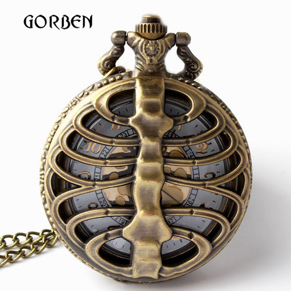 Retro Spine Ribs Hollow Pocket Watch Necklace Pendant Chain Vintage Bronze Steampunk Quartz fob Watch Mens Relogio De Bolso