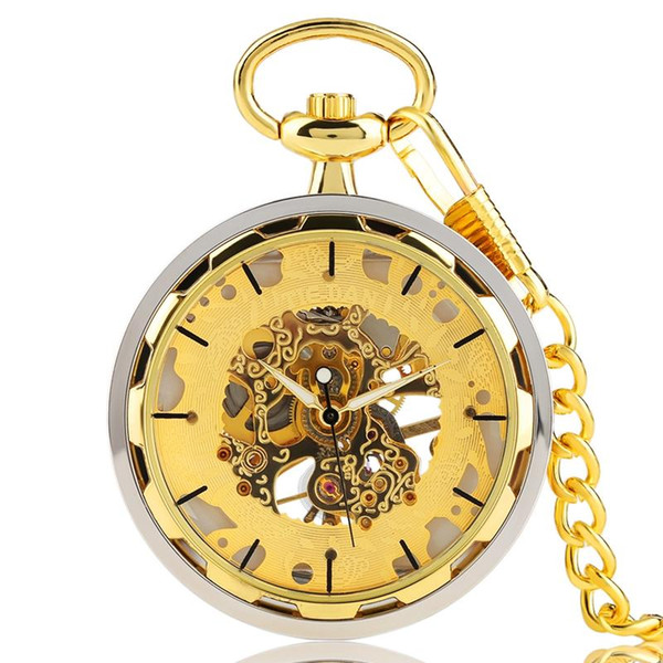 vintage Gold Pocket Watches for Men Transparent Design Hand Wind Mechanical Clock Pendant Stylish Luxury Golden Chain