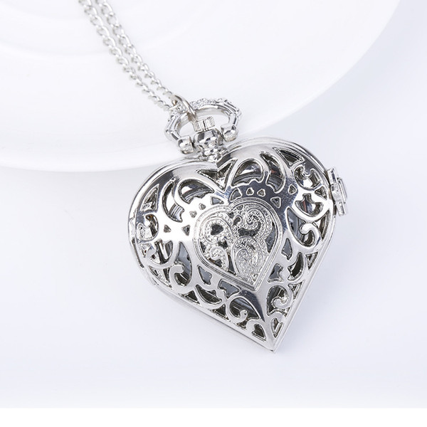 Small heart-shaped silver pocket watch with silver hanging chain lovers birthday gift world time silver heart beautifully carved hollow pock