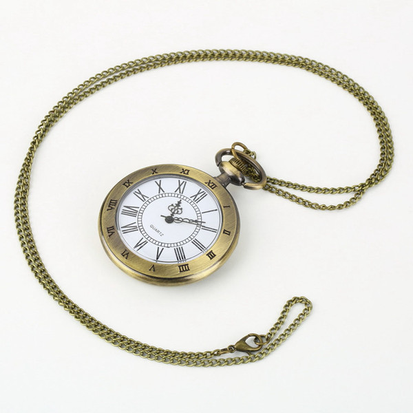 Vintage Bronze Pocket Watch Roman Antique Numerals Chain Necklace Pendant Quartz Watches