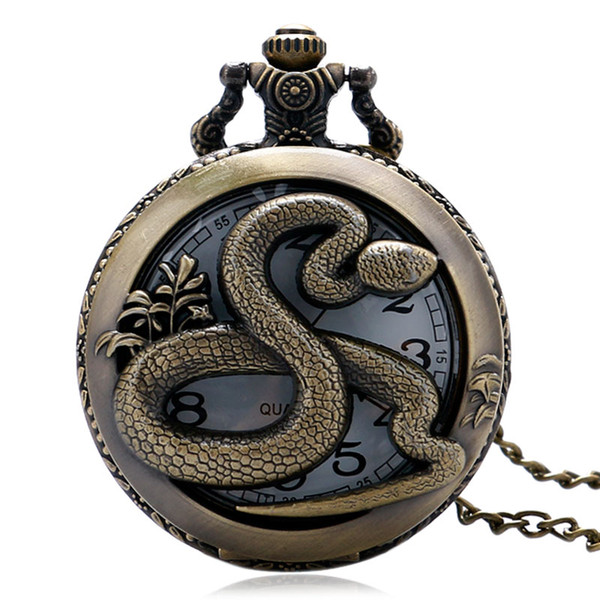 Retro Bronze Hollow Round Snake Design Quartz Pocket Watch Pendant with Necklace Chain Fob Watch Gifts for Women Children PW343