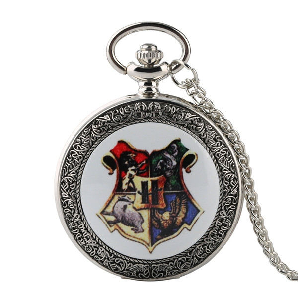 Newest Silver Harry Potter Hogwarts School of Magic Quartz Pocket Watch Exquisite Necklace Pendant Clock Gift for Men Women Fans