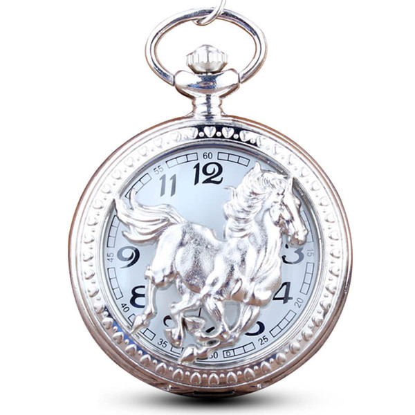 Gold Horse Pocket Watch Chains Necklace Hollow Carving Quartz Pocket Watches Steampunk Pendant For Men Gifts Relogio De Bolso