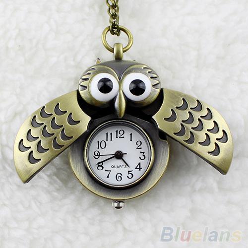 New Vintage Bronze Retro Slide Smart Owl Pendant Long Chain Necklace Pocket Watch