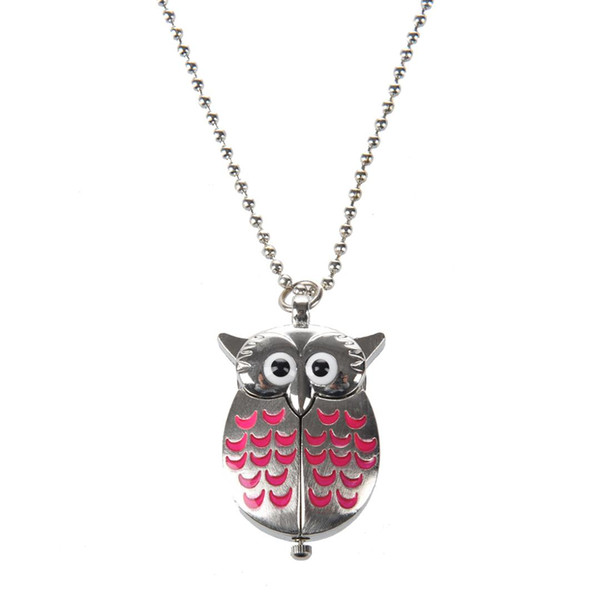 Cute Mini Owl Pocket Watch Necklace--Silver and Pink