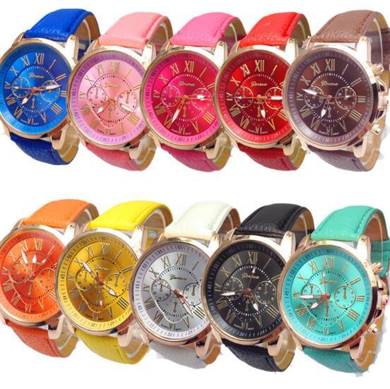 Unisex Luxury Watches Geneva Silicone Roman Numerals Watch Leather Bracelet Quartz Watch Fashion Unisex Sports Cystal Watch CCA6988 100pcs