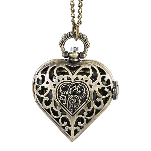 ROYAL GOODS New Unique Heart-shaped Pocket Watch Quartz Women Hollow Cover Quartz Clock Unisex Sweater Chain Pendant FOB Clock