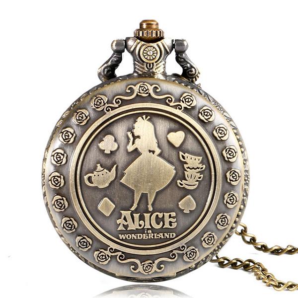 Wholesale Vintage Quartz Pocket Watch Fashion Cut Flower Alice in Wonderland Women Ladies Girls Necklace Pendant Chain Watch Jewelry