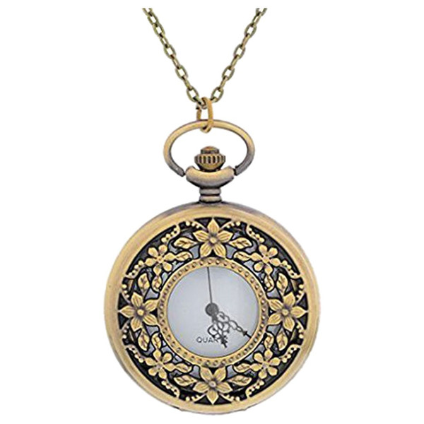 Womens Antique Bronze Color Round Pocket Watch Hollow Flower Engraved with Link Chain 80cm