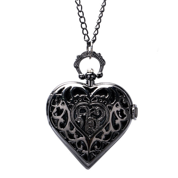 Black Heart Shape Quartz Pocket Watch Necklace for Ladies Women Girls Friend Fashion Pendant Clock Chain Beat Watch Gifts