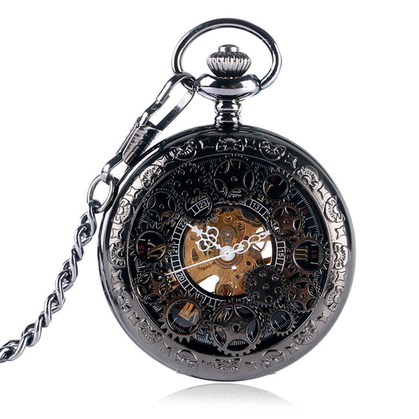 Wholesale-Classic Black Steampunk Gear Hollow Skeleton Mechanical Hand Wind Carving Pocket Watch Men Women Chain Gift 2016