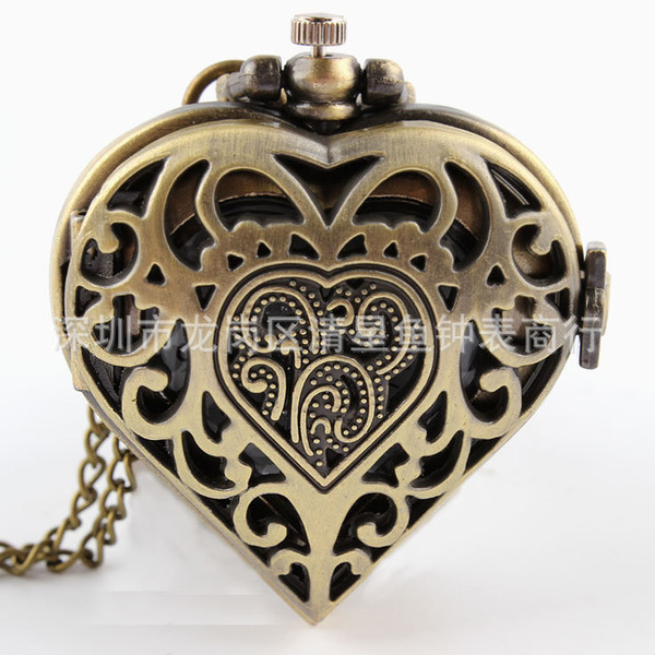 Silver And Golden Hollow Quartz Heart-shaped Pocket Watch Necklace Steampunk Hour Pendant Womens Gift