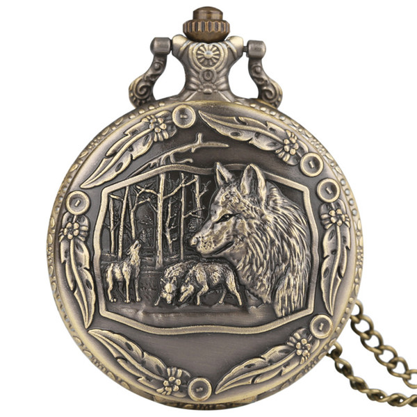 Antique Animal Pocket Watch Vivid Wolves Carving Slim Necklace Cool Teens Boys Pendant Clock Unique Children Birthday Gifts saat