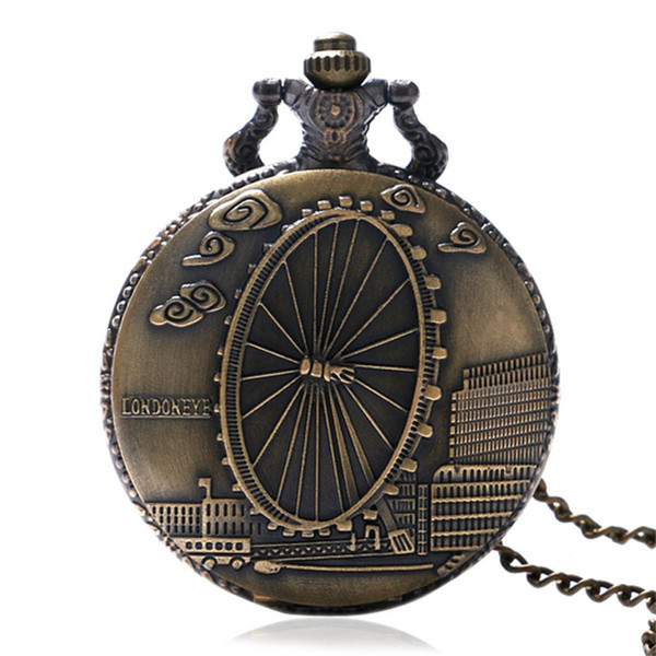 Fashoin Wheel Design Romantic Quartz Pocket Watch for Men Women with London Ferris Bronze Clock for Vintage Gifts