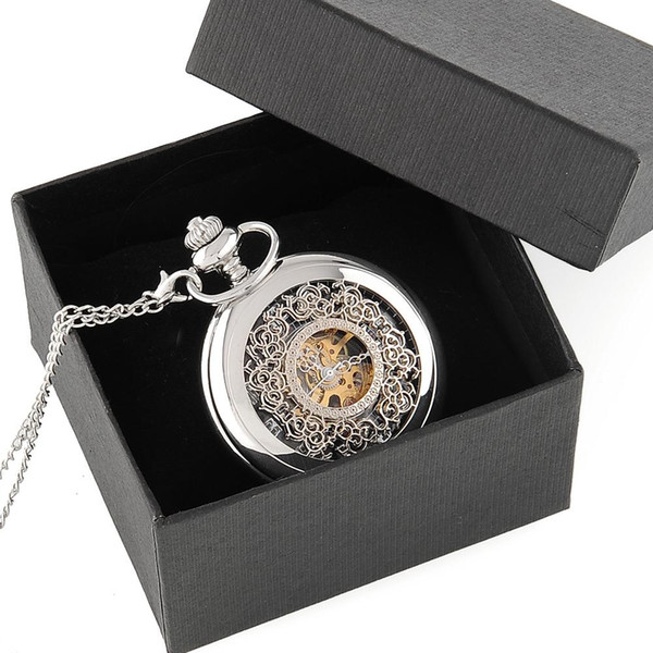 Vintage Classic Silver Skeleton Case Men Mechanical Pocket Watch Chain with box