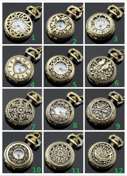 fashion Mixed order 12 style 12pcs Ladies Hollow Pocket Watch Charm Pendant Necklace Unisex Necklace Pocket Watch