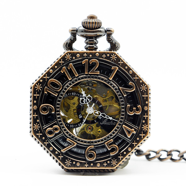 High Quality Antique Octagon Numbers Hand-Winding Skeleton Mechanical Pocket Watch Necklace Gift PJX1269