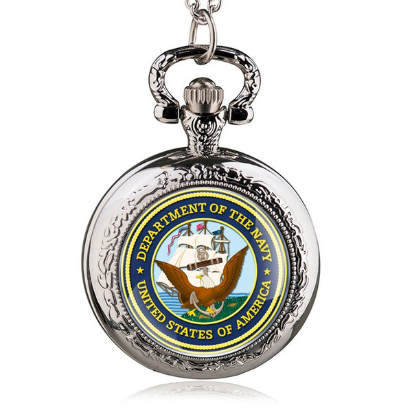 Silver Round Case Quartz Pocket Watches with Necklace United States America Department of the Navy Pendant Watch Men Women PB488