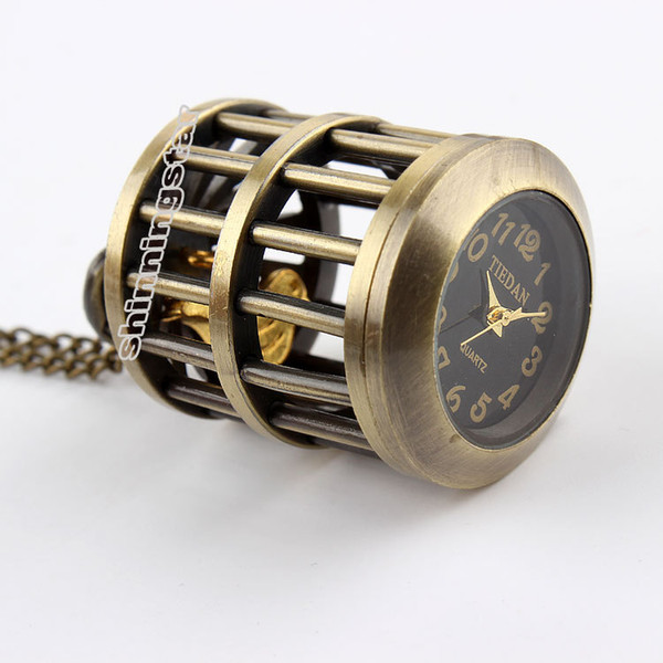 coupon wholesale buyer price good quality girl lady women bronze bird cage birdcage pocket watch necklace & pendants chain hour