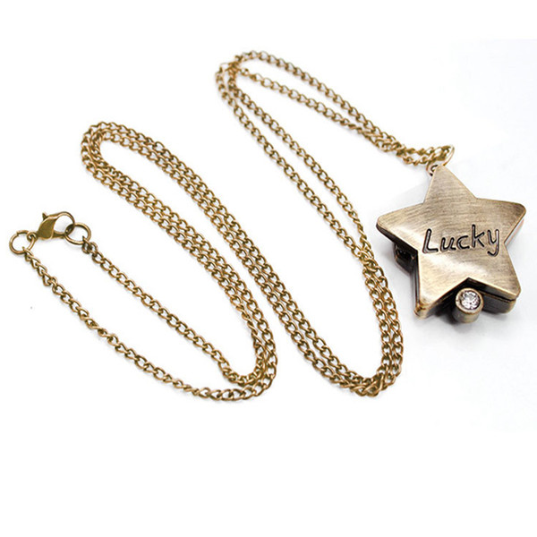 Women Gift Flip Star Heart Carving Zinc Alloy Pendant Chain Exquisite Retro Pocket Watch Necklace Quartz Clothes Accessories