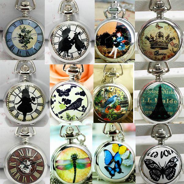 Wholesale Ceramic Alice in Wonderland Eiffel Tower watch Necklace Mirror Pocket watch , 12pcs/lot , Dia 2.9cm. APW006,dandys