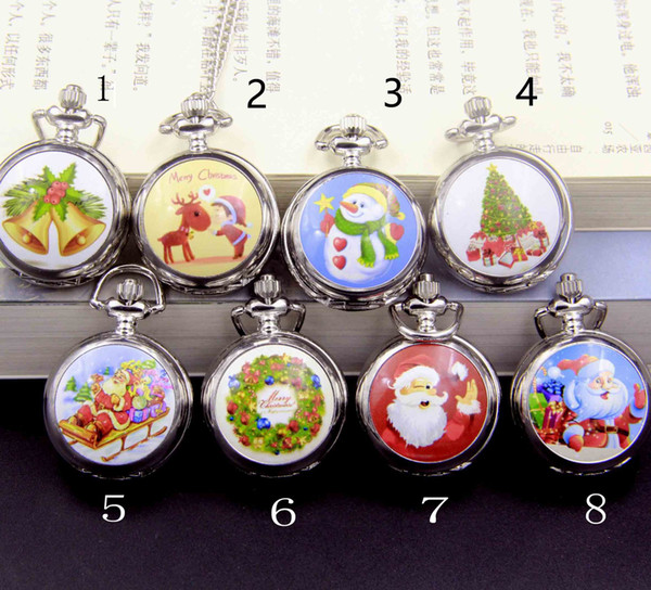 White steel enamel small pocket watch Christmas pocket watch for snowman Santa Claus a sleigh pulled by reindeer