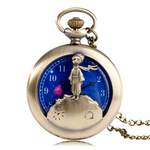 Fashion The Little Prince Quartz Pocket Watch Planet Blue Universe Face Cute Necklace Chain Kids Children Birthday Xmas Gifts