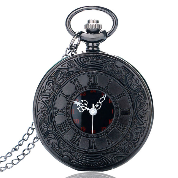 Vintage Charm Black Unisex Fashion Roman Number Quartz Steampunk Pocket Watch Women Man Necklace Pendant with Chain Gifts