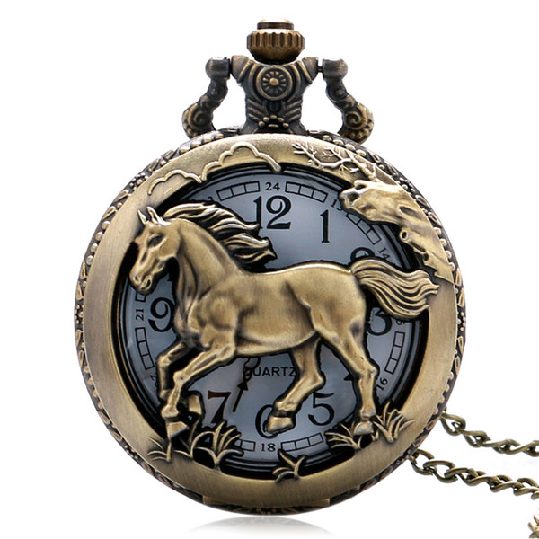 Pocket Watch Free Shipping Bronze Copper Horse Hollow Quartz Watch Clock Hour Fob With Chain Pendant Womens Men Xmas GIfts