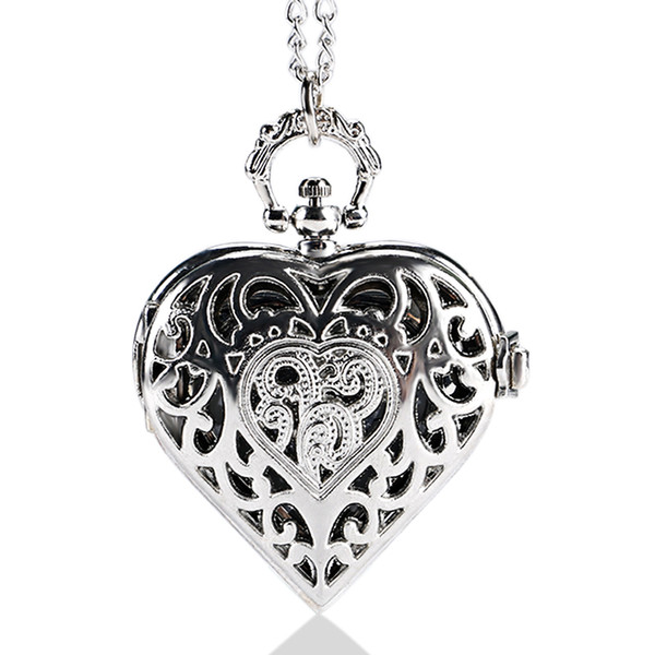 Silver Hollow Quartz Heart-shaped Pocket Watch Necklace Pendant Womens Gift