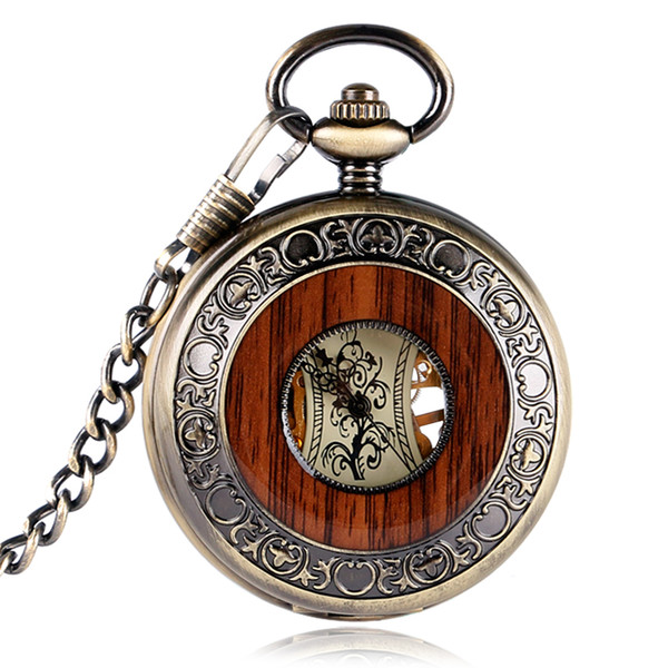 Retro Luxury Wood Circle Skeleton Pocket Watch Men Women Unisex Mechanical Hand-winding Roman numerals Necklace Gift