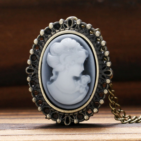 Antique Style Bronze White Lady Beauty Quartz Pocket Watch Necklace Pendant Girl Women Clock Birthday Gift