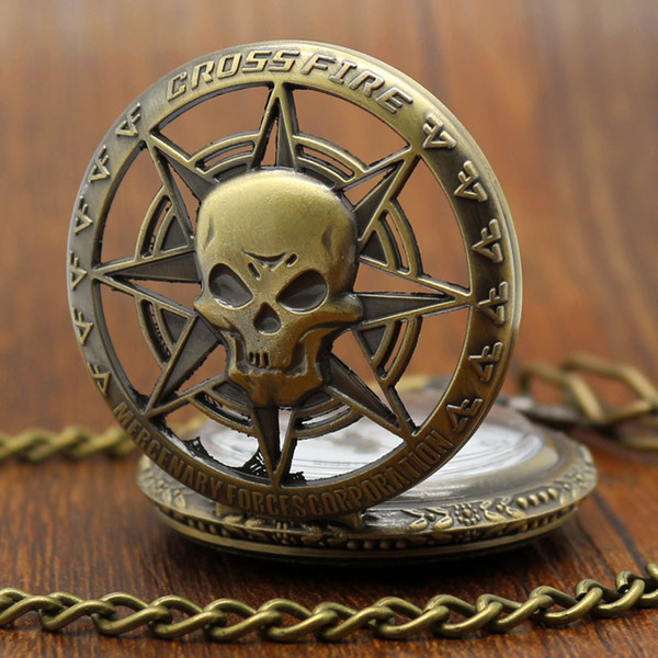 Vintage Bronze Steampunk Hollow Carribean Pirate Skull Head Horror Quartz Pocket Watch with Chain for Girls and Women