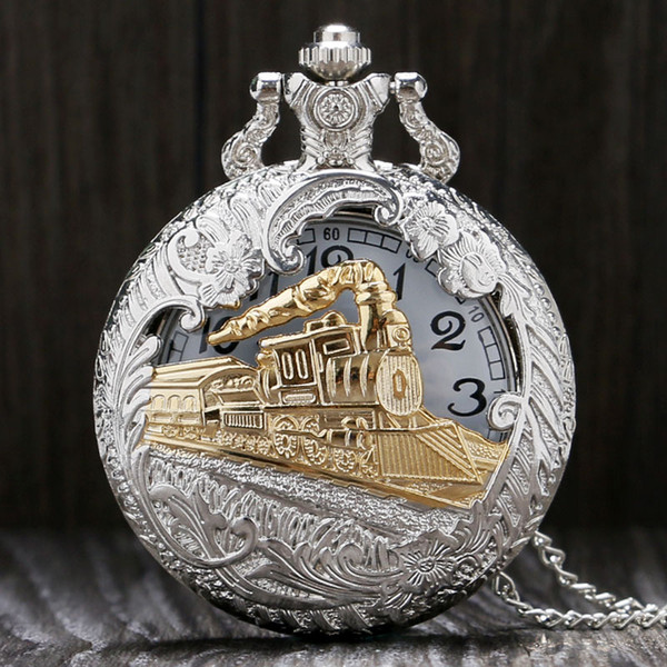 Vintage Silver Charming Gold Train Carved Openable Hollow Steampunk Quartz Pocket Watch Men Women Necklace Pendant Clock Gifts