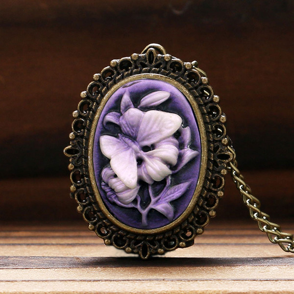 Retro Purple Flower Butterfly Pattern Little Small Pocket Watch Women Lady Girl Necklace Pendant Watches Clock Birthday Gift