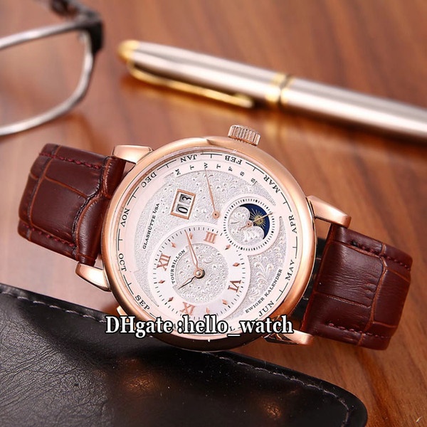 New Date 139.025 / 139.032 White Texture Dial Automatic Moon Phase Mens Watch Rose Gold Case Brown Leather Strap High Quality Sport Watches