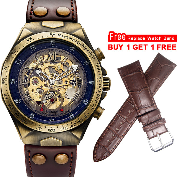 Steampunk Bronze Automatic Watch Men Mechanical Watches Vintage Retro Leather Transparent Skeleton Watch Man Clock montre homme LY191226