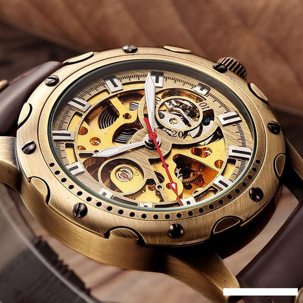 Retro Bronze Skeleton Mechanical Watch Men Automatic Watches Sport Luxury Top Brand Leather Watch Relogio Masculino Male Clock MX190724
