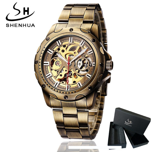 Shenhua Mens Bronze Skeleton Automatic Wrist Watch Mechanical Self Winding Men Watches Metal Steel Strap Wristwatch Man relogio D18100709