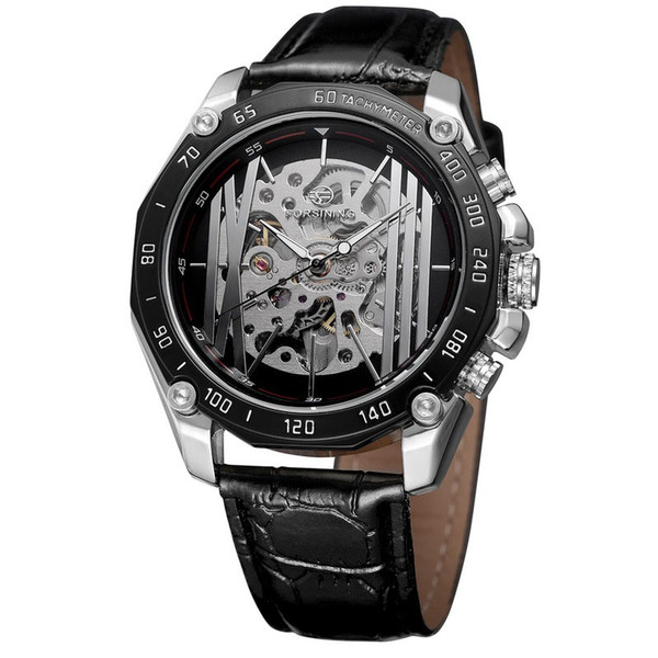 New Luxury European and American Men's Fashion Wristwatch Leisure Belt Silver Black Hollow Automatic Mechanical Watch