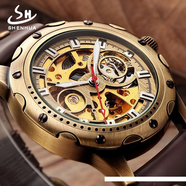 Mens Retro Skeleton Automatic Mechanical Watch Steampunk Men SHENHUA Vintage Bronze Plating Transparent Wrist Watches Clock Man D18100709