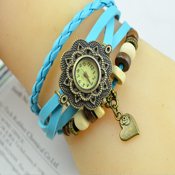 flower bronze dial Women Girl DIY Quartz Bracelet Bangle Retro Lovely Weave Wrap Around Leather Watch heart 8 color mixed batch