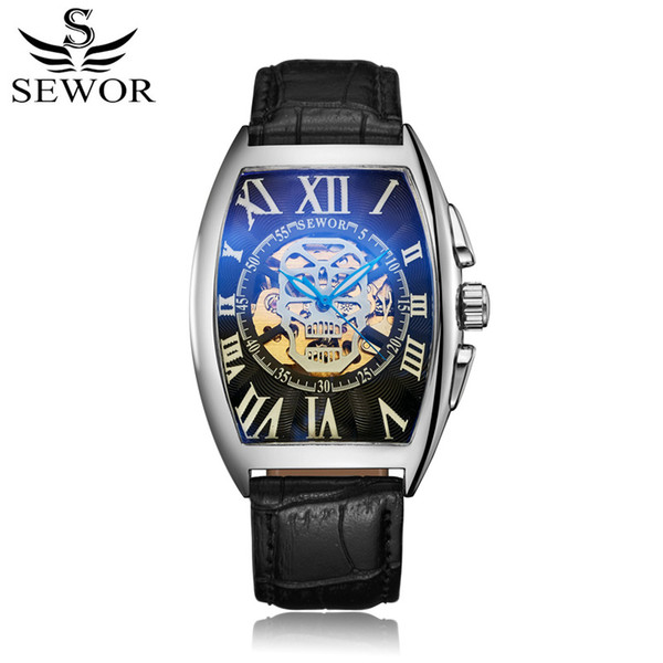 SEWOR Fashion Mens Leather Band Automatic Self-Wind Watches Luxury Mens Mechanical Wristwatches Skeleton Black Wrist Watches SWQ55