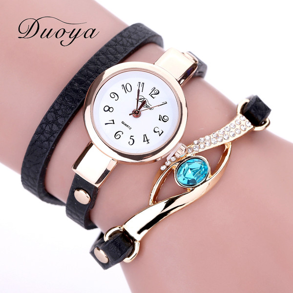 Duoya Brand Watch Women Luxury Gold Eye Gemstone Dress Watches Women Gold Bracelet Halloween Gift Leather Quartz Wristwatches