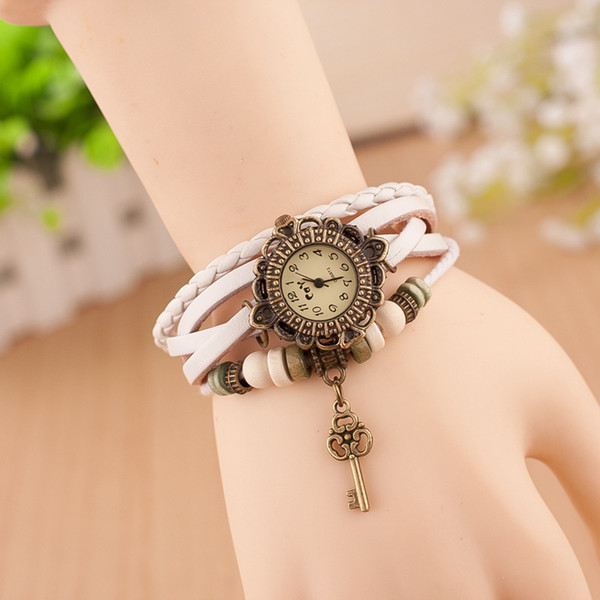 Special Punk Lady Leather Knitting Band ethnic style Retro Band Dial Retro Bracelet Women Casaul Quartz wristwatches with Key Pendant