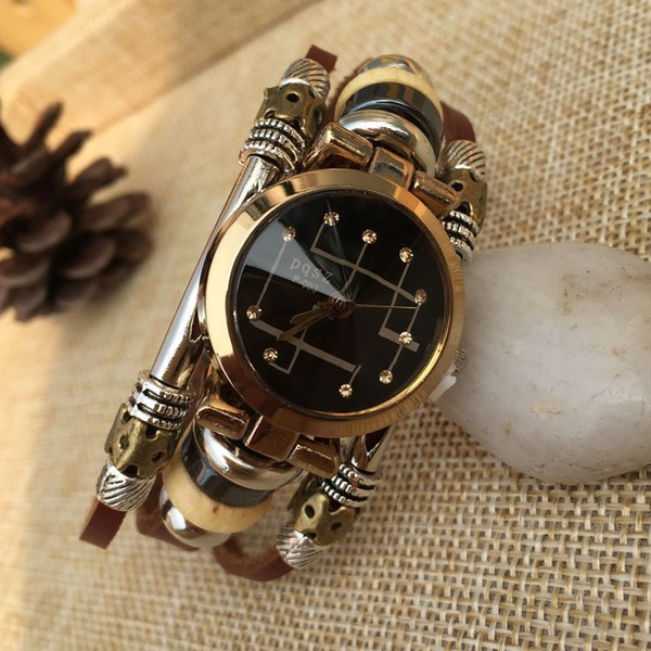 Women's clothing watch Black Punk Stainless steel clasp Watches Ladies Bracelet Cuff Wrist Watch Fashion leather Quartz wristwatch Diamond