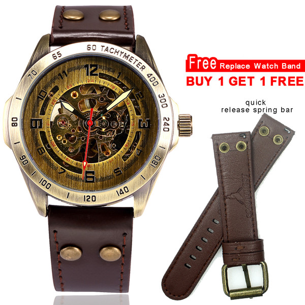 Steampunk Automatic Watch Men Skeleton Mechanical Watch Vintage Bronze Case Retro Leather Transparent Mens Watches montre homme LY191226